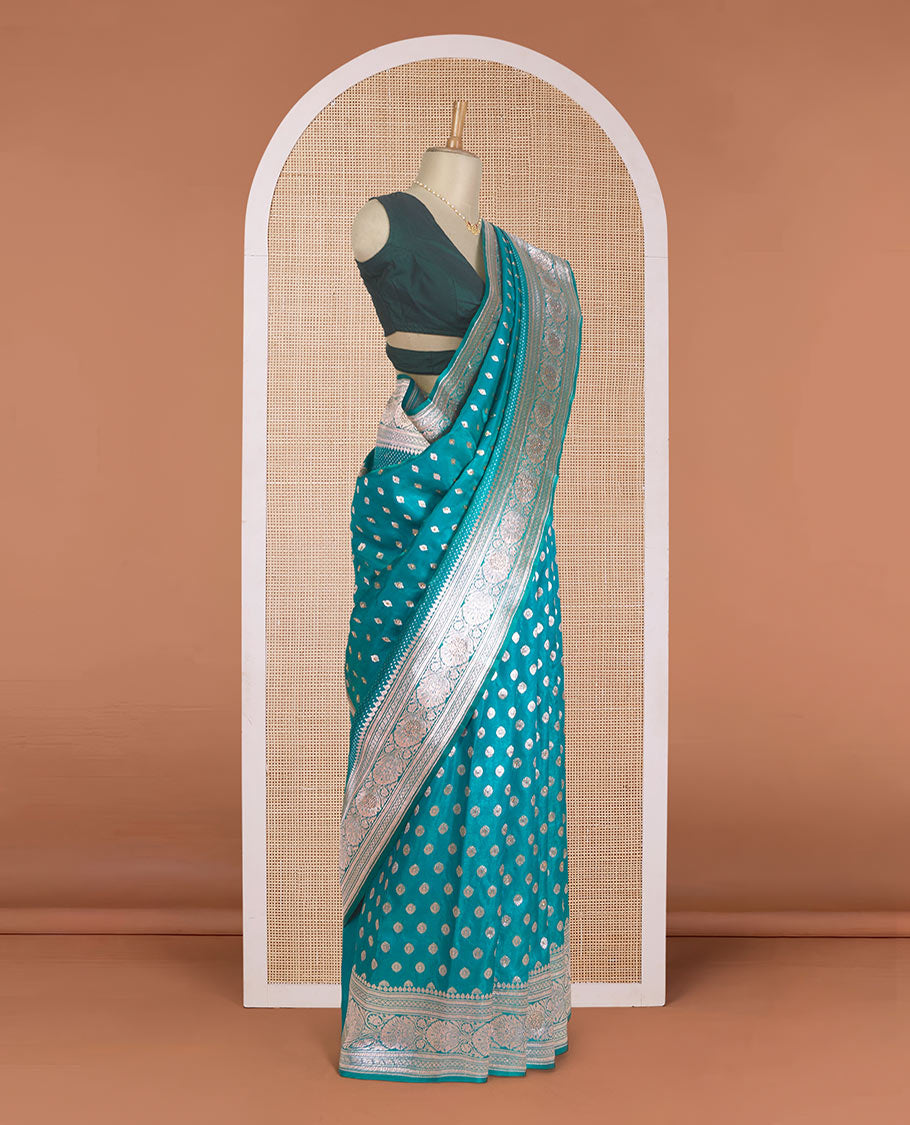 Red diagonal floral stripes with stone work Banaras Satin silk saree, floral creeper zari border, and pallu of jaal design