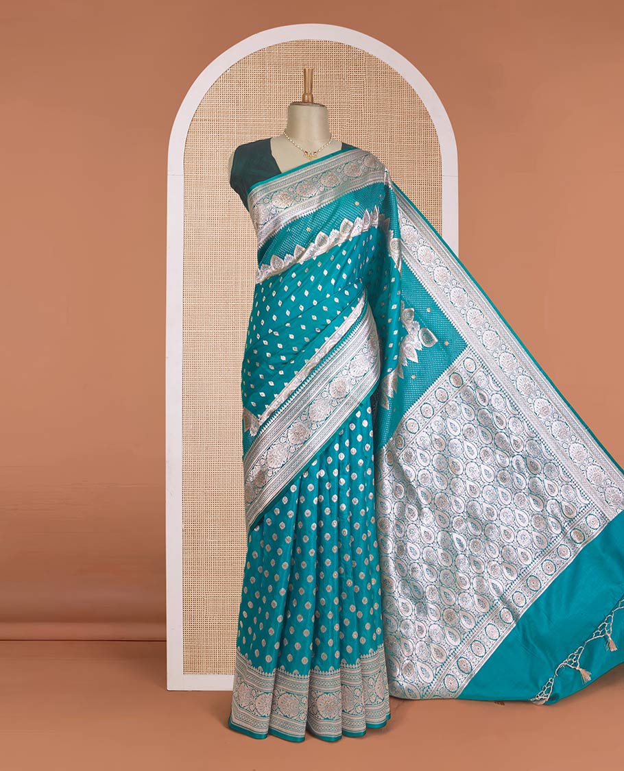 Red diagonal floral stripes with stone work Banaras Satin silk saree, floral creeper zari border, and pallu of jaal design