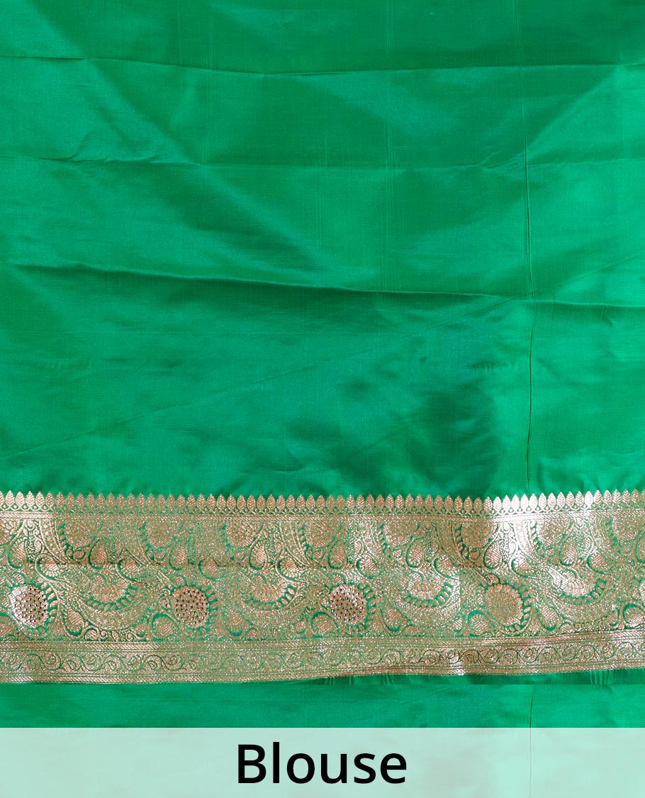Green zari buttas Banaras with stone work Satin silk saree, traditional zari border, and pallu of intricate design