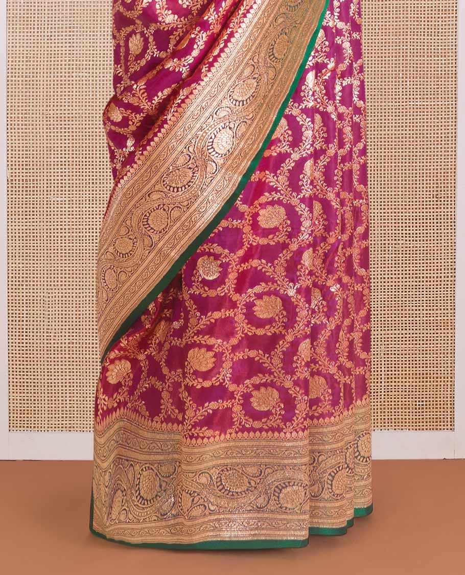 Green zari buttas Banaras with stone work Satin silk saree, traditional zari border, and pallu of intricate design