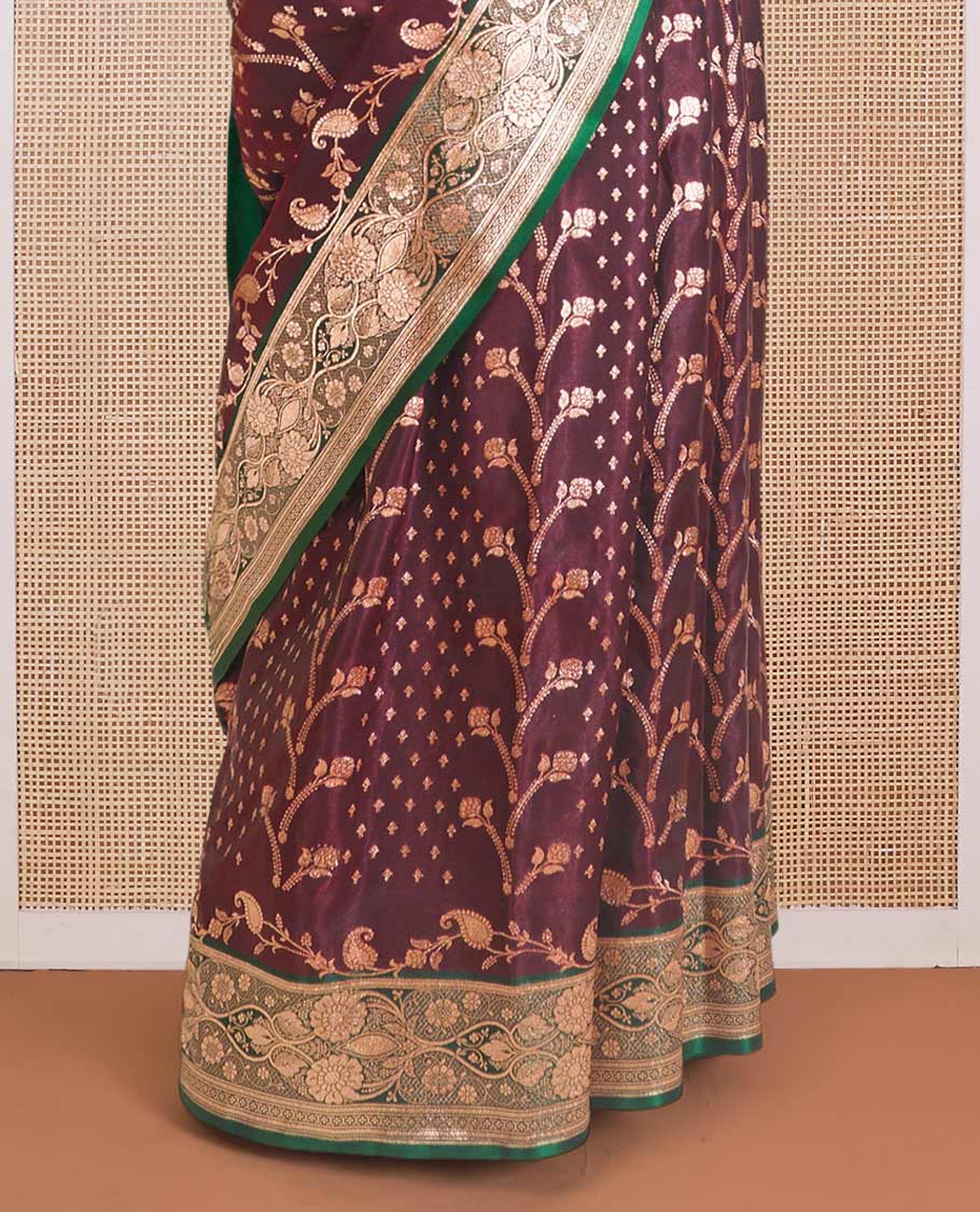 Maroon floral vine design with stone work Banaras Satin and Nylon silk saree, contrast floral design zari border, and ogee patterned pallu