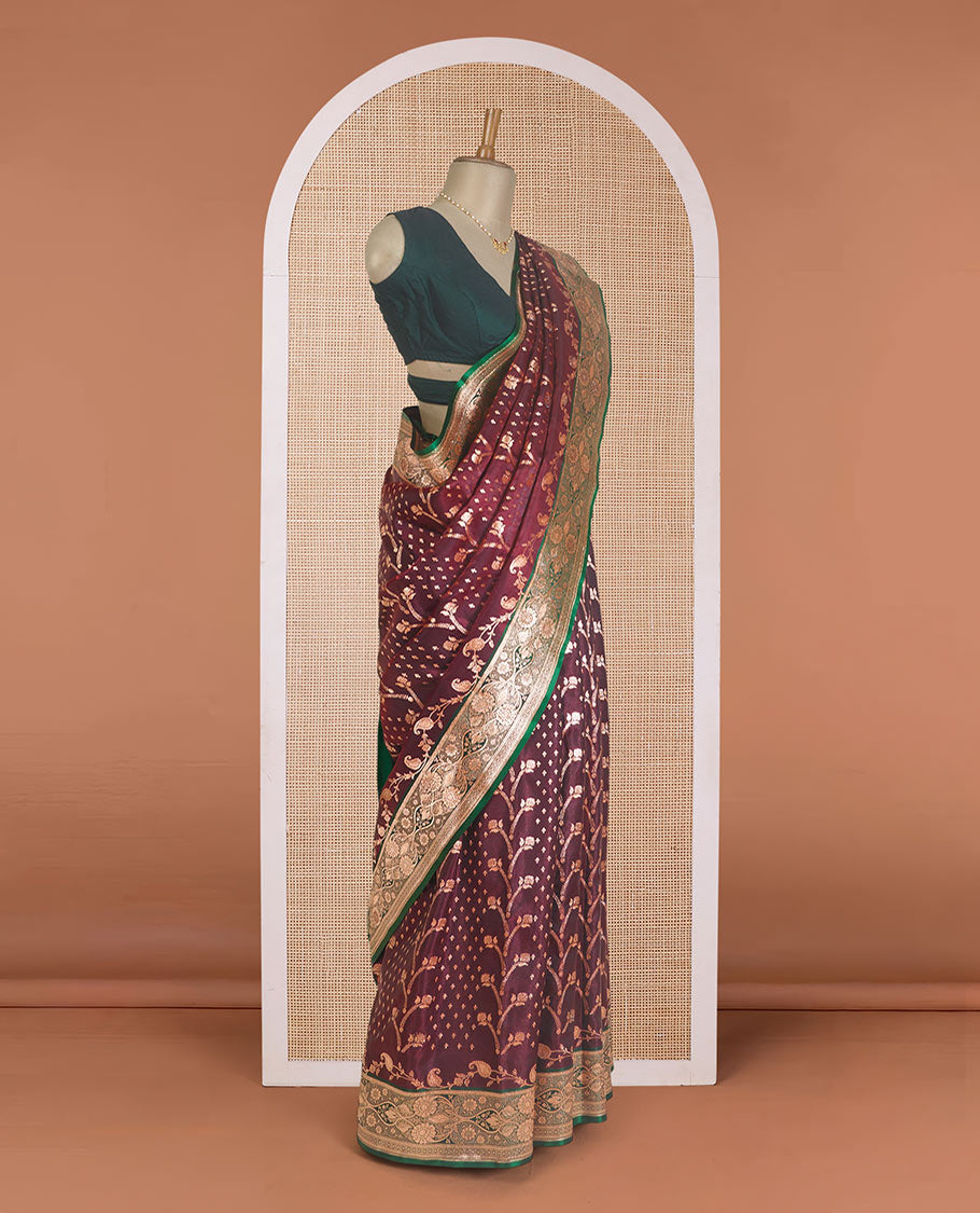 Maroon floral vine design with stone work Banaras Satin and Nylon silk saree, contrast floral design zari border, and ogee patterned pallu