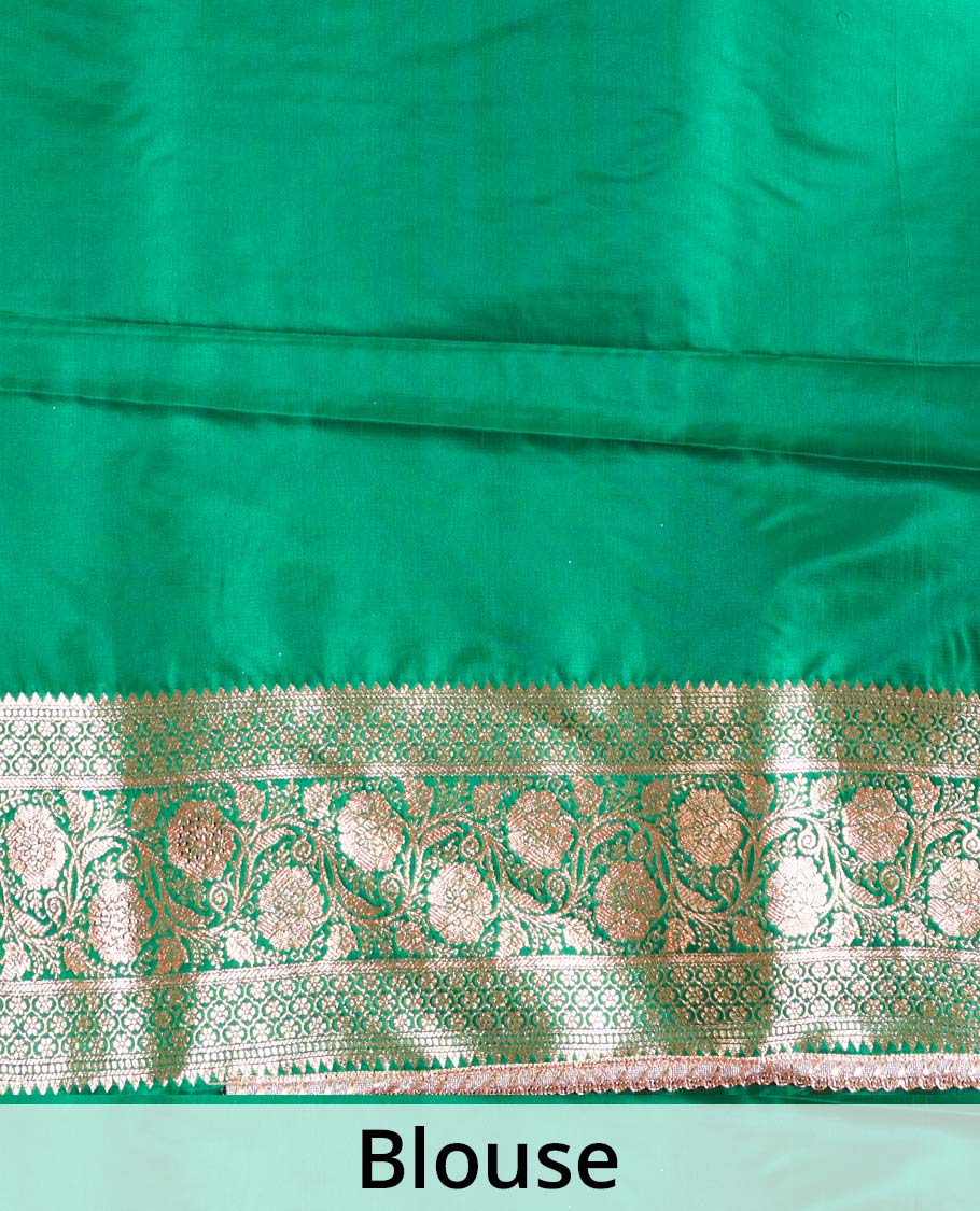 Red floral buttas with stone work Banaras Nylon silk saree, contrast floral creeper zari border, and Mughal-style intricately zari woven pallu