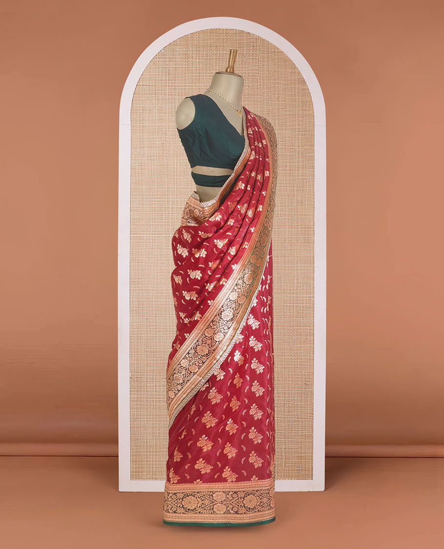 Red floral buttas with stone work Banaras Nylon silk saree, contrast floral creeper zari border, and Mughal-style intricately zari woven pallu