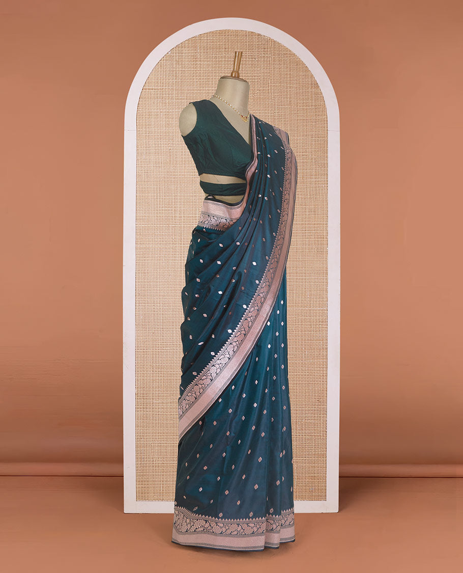 Green zari buttas Banaras Satin silk saree, traditional zari border, and Mughal-style motif zari woven pallu