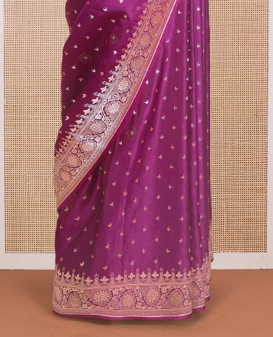 Purple zari buttas Banaras Satin silk saree, traditional zari border, and Mughal-style intricately zari woven pallu