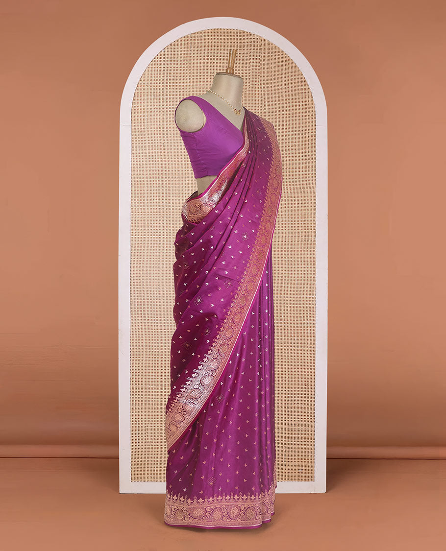 Purple zari buttas Banaras Satin silk saree, traditional zari border, and Mughal-style intricately zari woven pallu