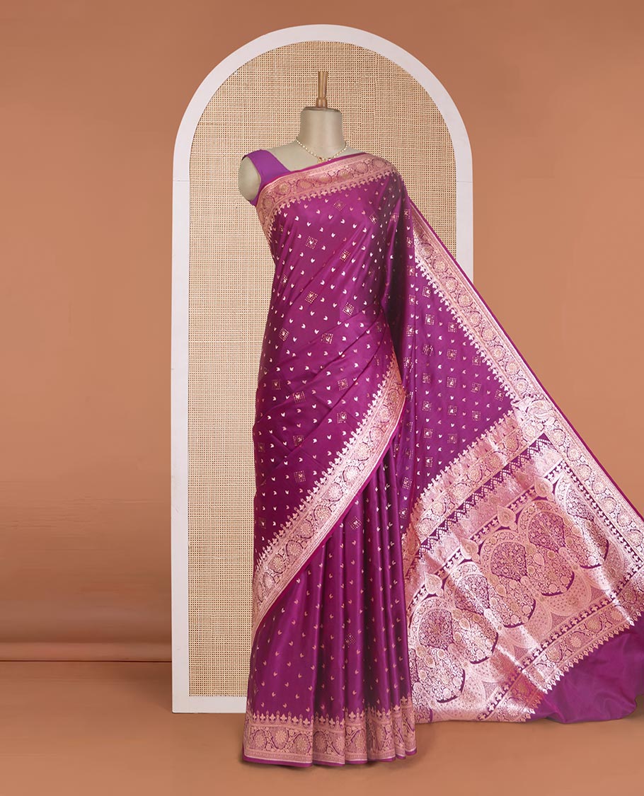 Purple zari buttas Banaras Satin silk saree, traditional zari border, and Mughal-style intricately zari woven pallu