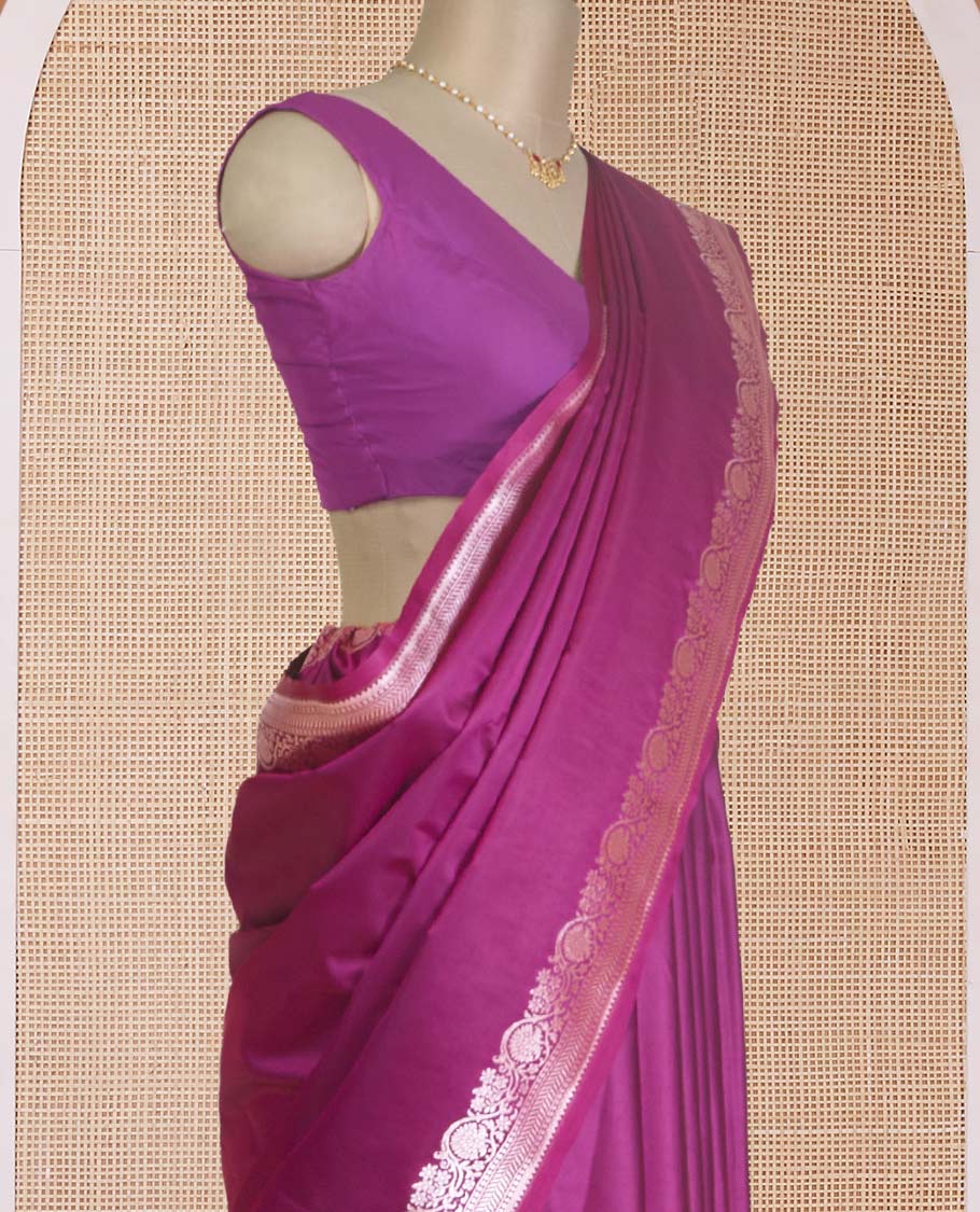 Purple plain Banaras Satin silk saree, traditional zari border of floral creeper design, and intricately zari woven pallu