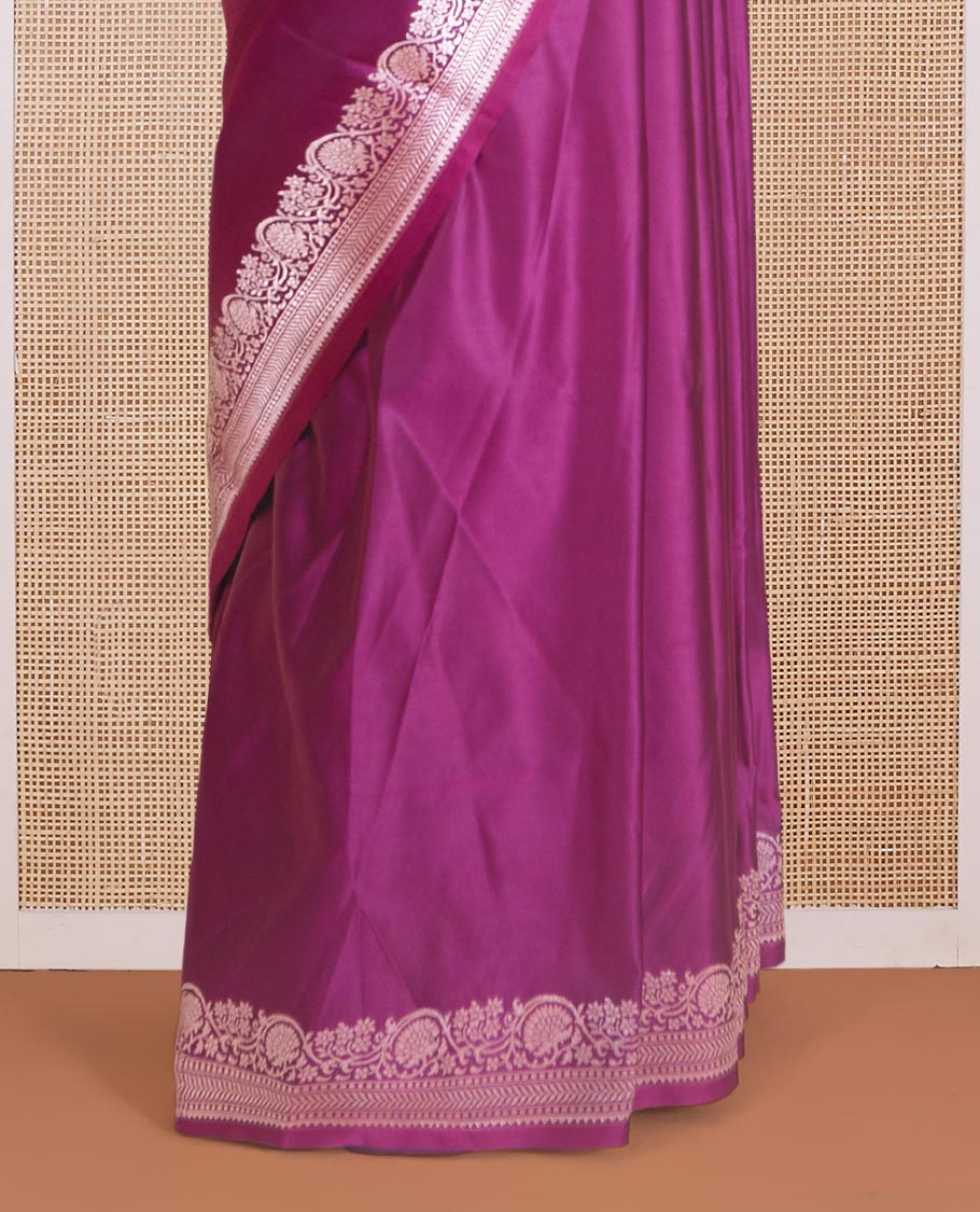 Purple plain Banaras Satin silk saree, traditional zari border of floral creeper design, and intricately zari woven pallu