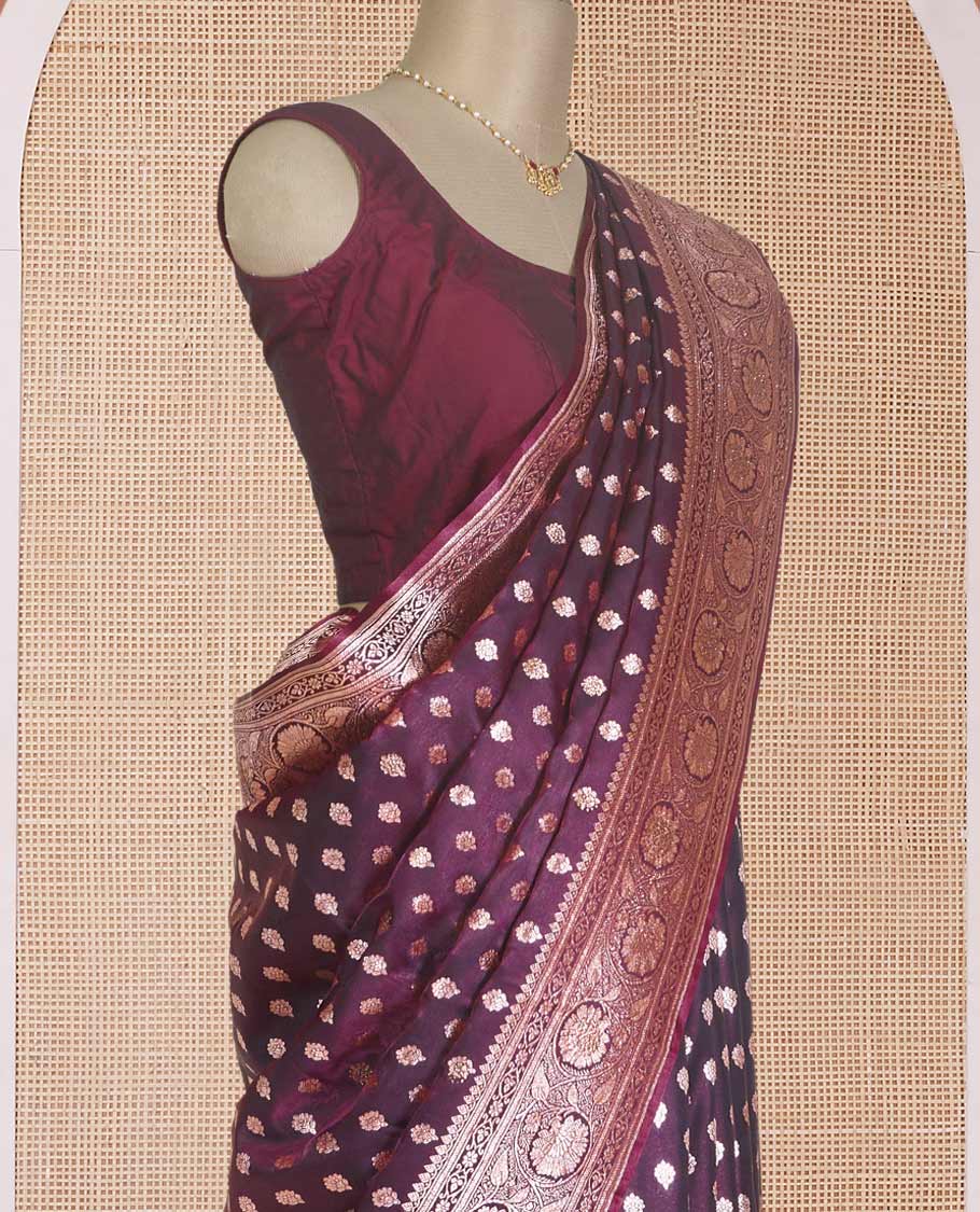 Purple zari buttas woven Banaras Nylon silk saree, traditional zari border of floral creeper designs, and intricate pallu