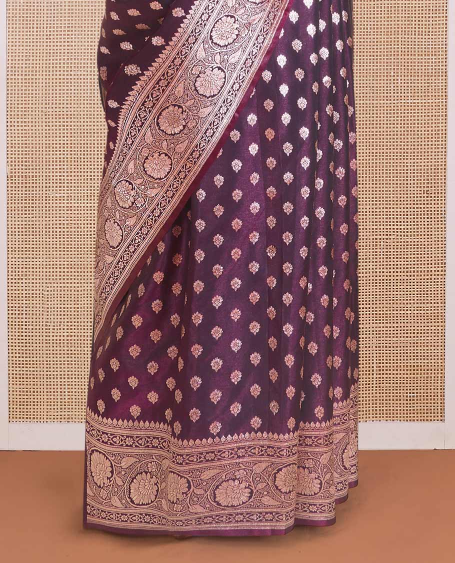 Purple zari buttas woven Banaras Nylon silk saree, traditional zari border of floral creeper designs, and intricate pallu