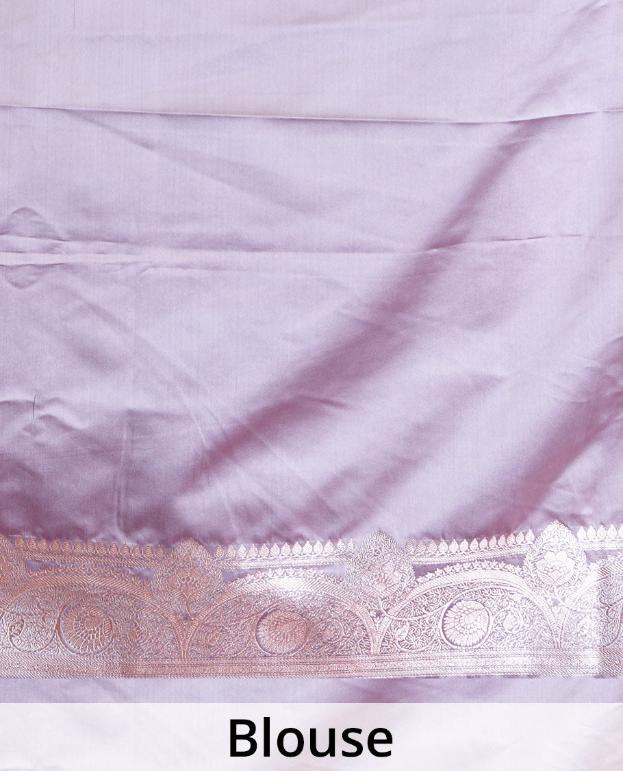 Thistle purple zari buttas Banaras Satin silk saree, Mughal-style intricate designs zari woven border, and zari-rich pallu