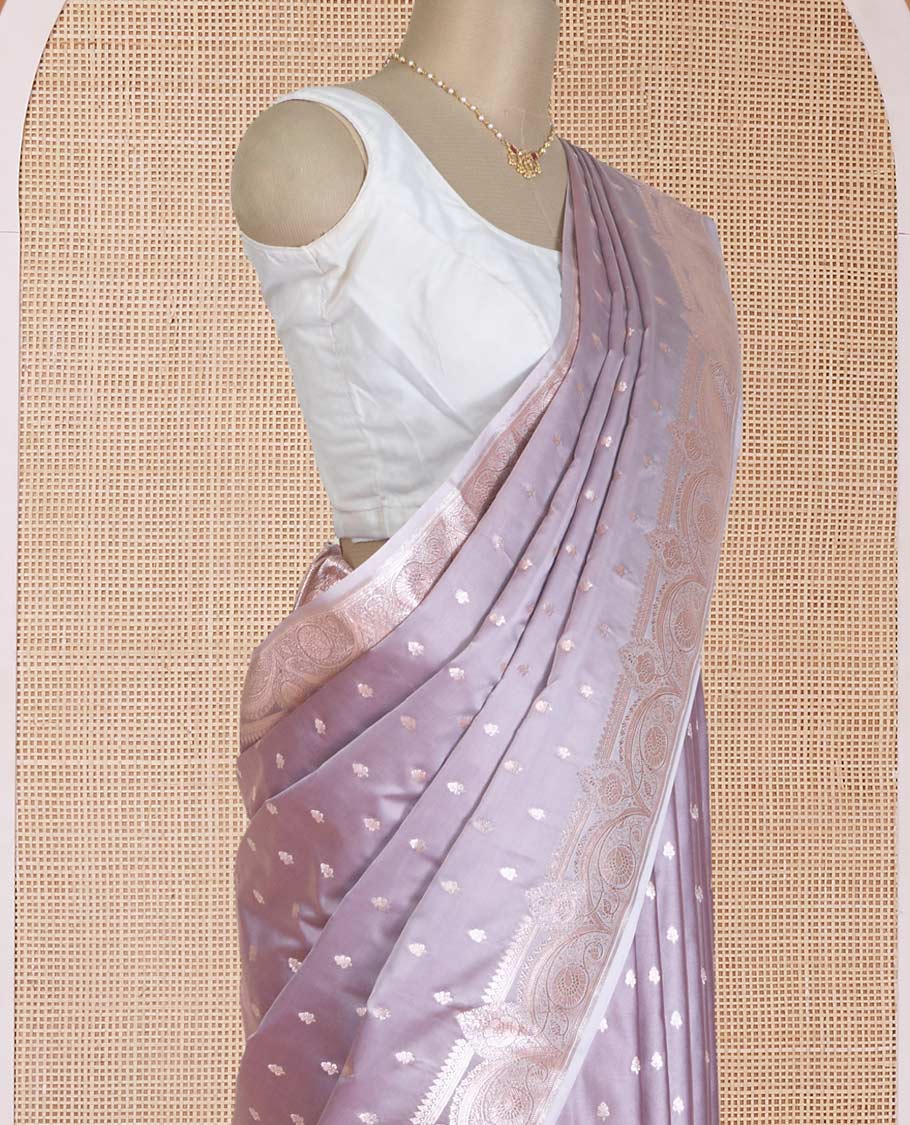 Thistle purple zari buttas Banaras Satin silk saree, Mughal-style intricate designs zari woven border, and zari-rich pallu