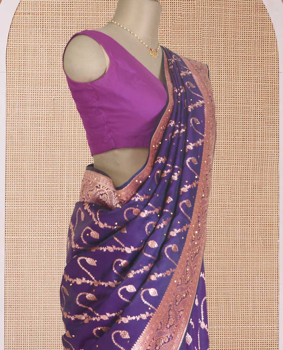Violet diagonal floral stripes with stone work Banaras Nylon silk saree, traditional zari design border, and intricate pallu