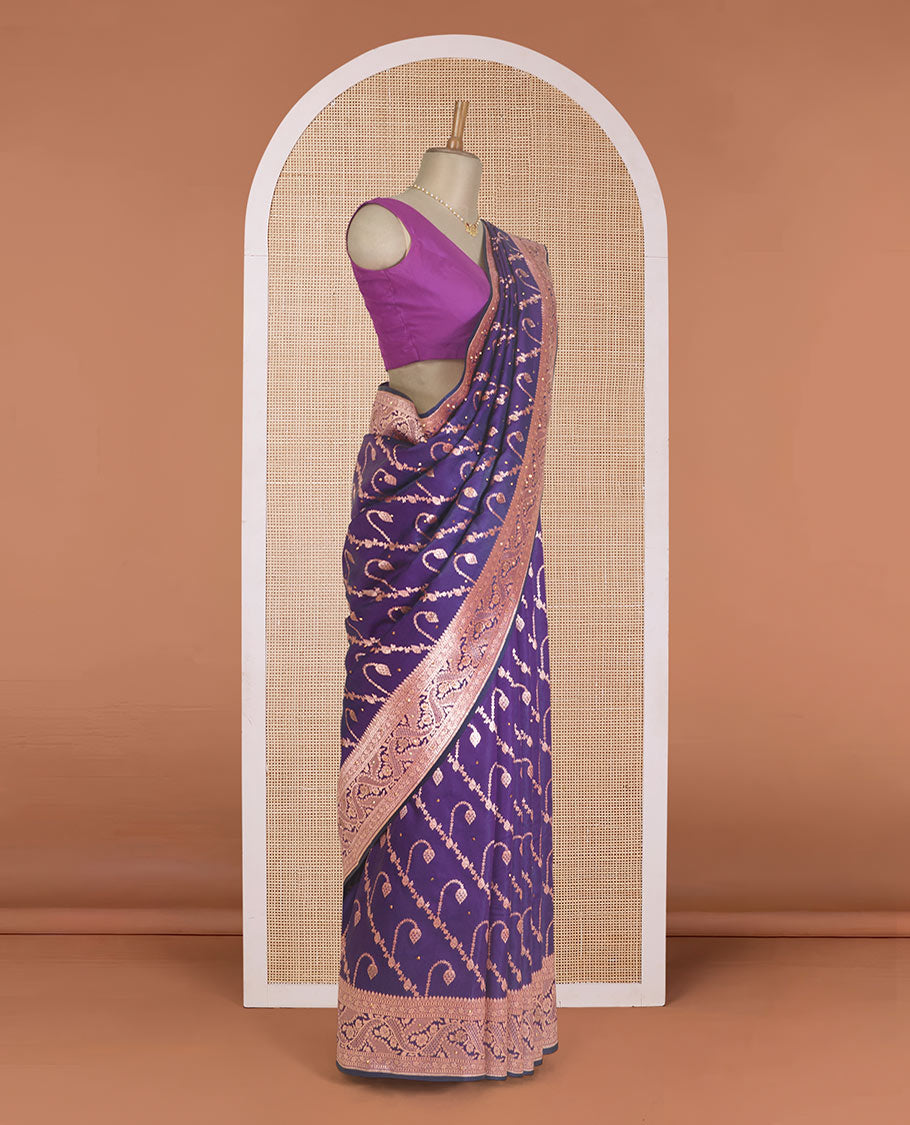Violet diagonal floral stripes with stone work Banaras Nylon silk saree, traditional zari design border, and intricate pallu