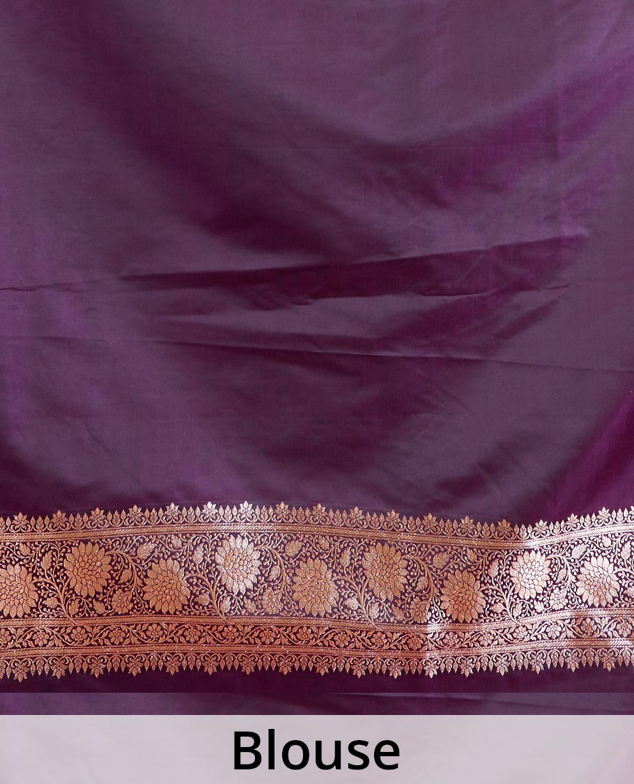 Purple flower zari buttas Banaras Satin silk saree, floral creeper zari border, and tree motifs pallu