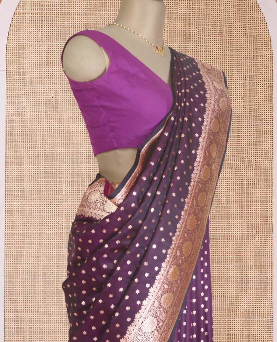 Purple flower zari buttas Banaras Satin silk saree, floral creeper zari border, and tree motifs pallu