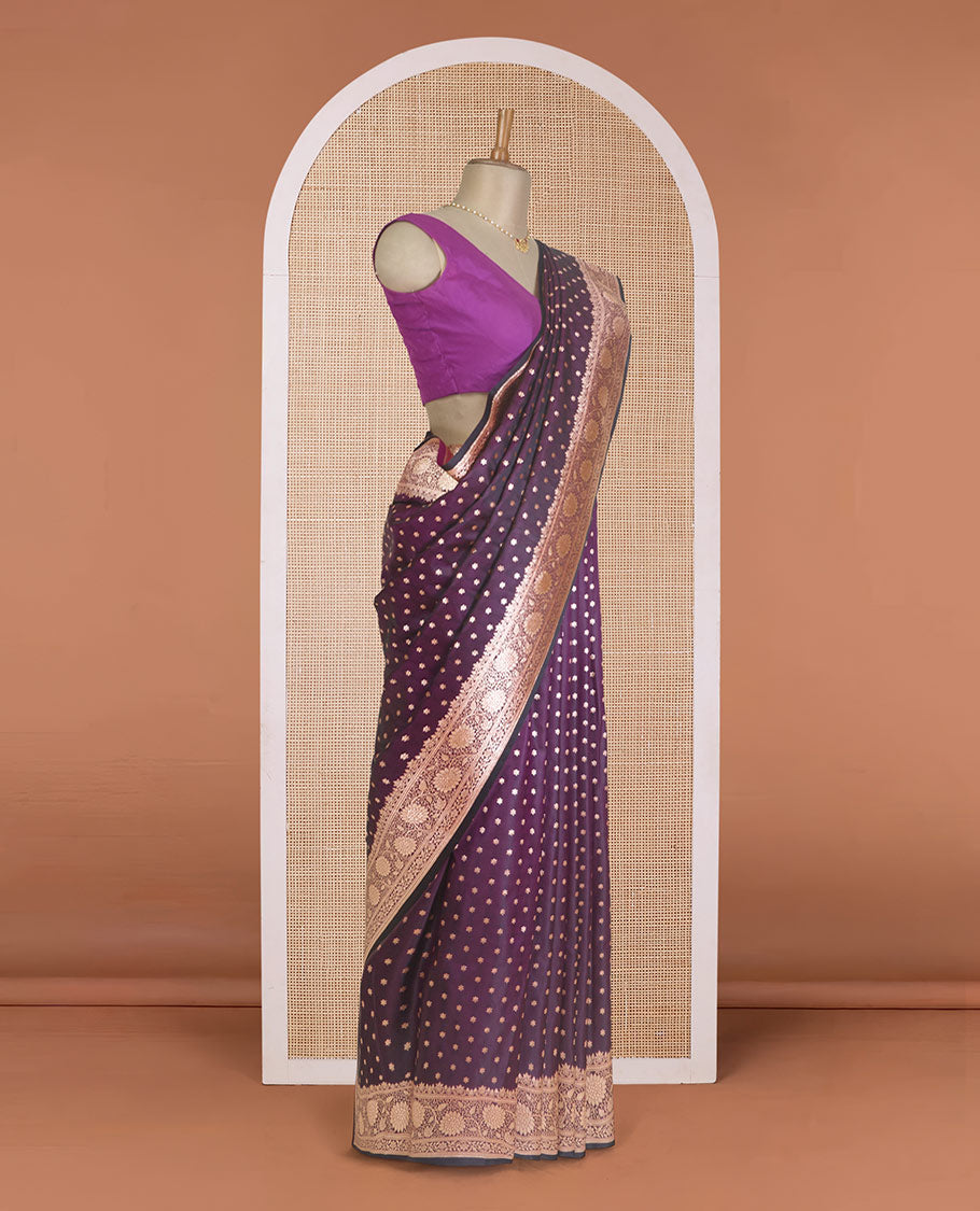 Purple flower zari buttas Banaras Satin silk saree, floral creeper zari border, and tree motifs pallu