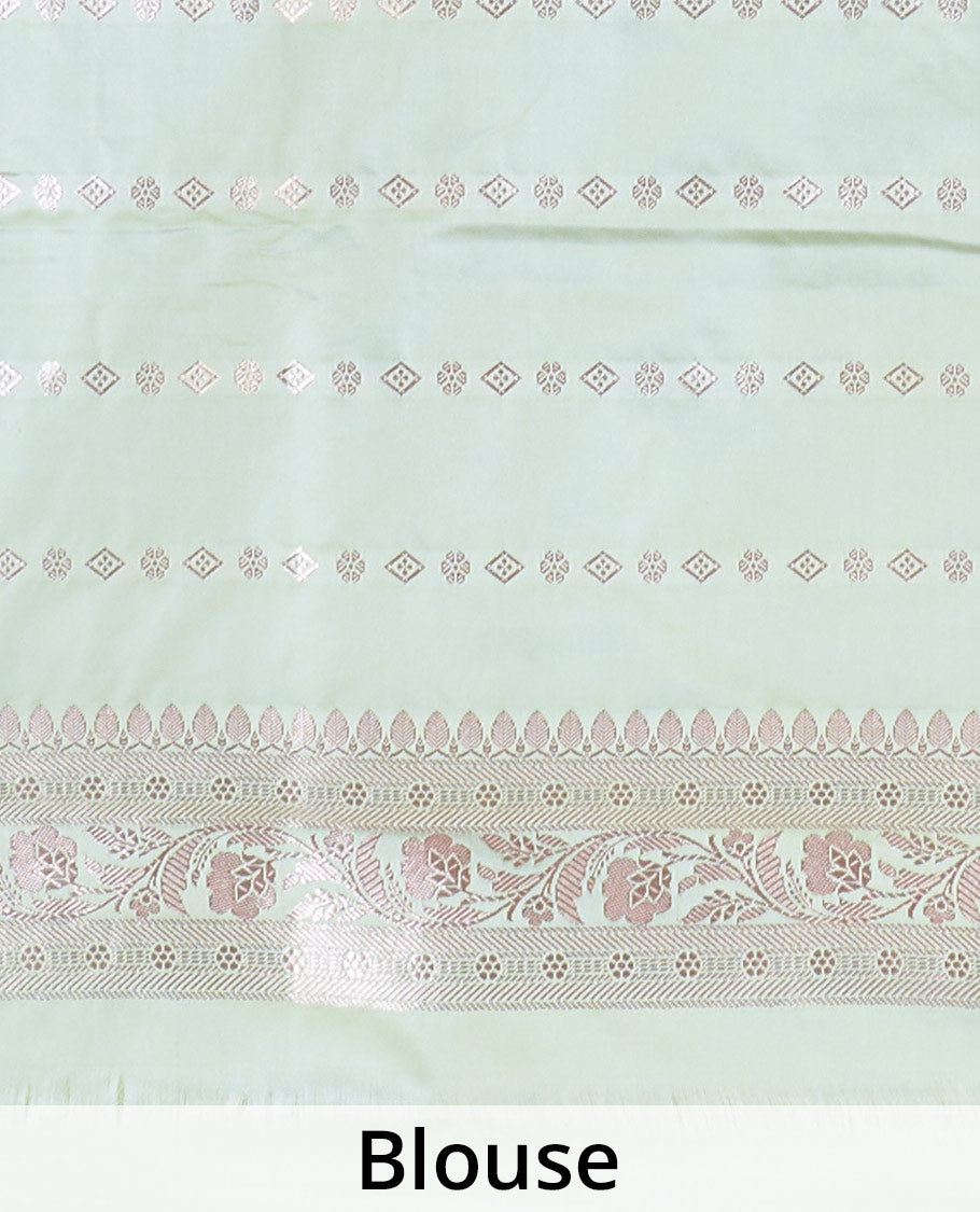 Pista green zari buttas Banaras Satin silk saree, traditional zari border, and intricate pallu