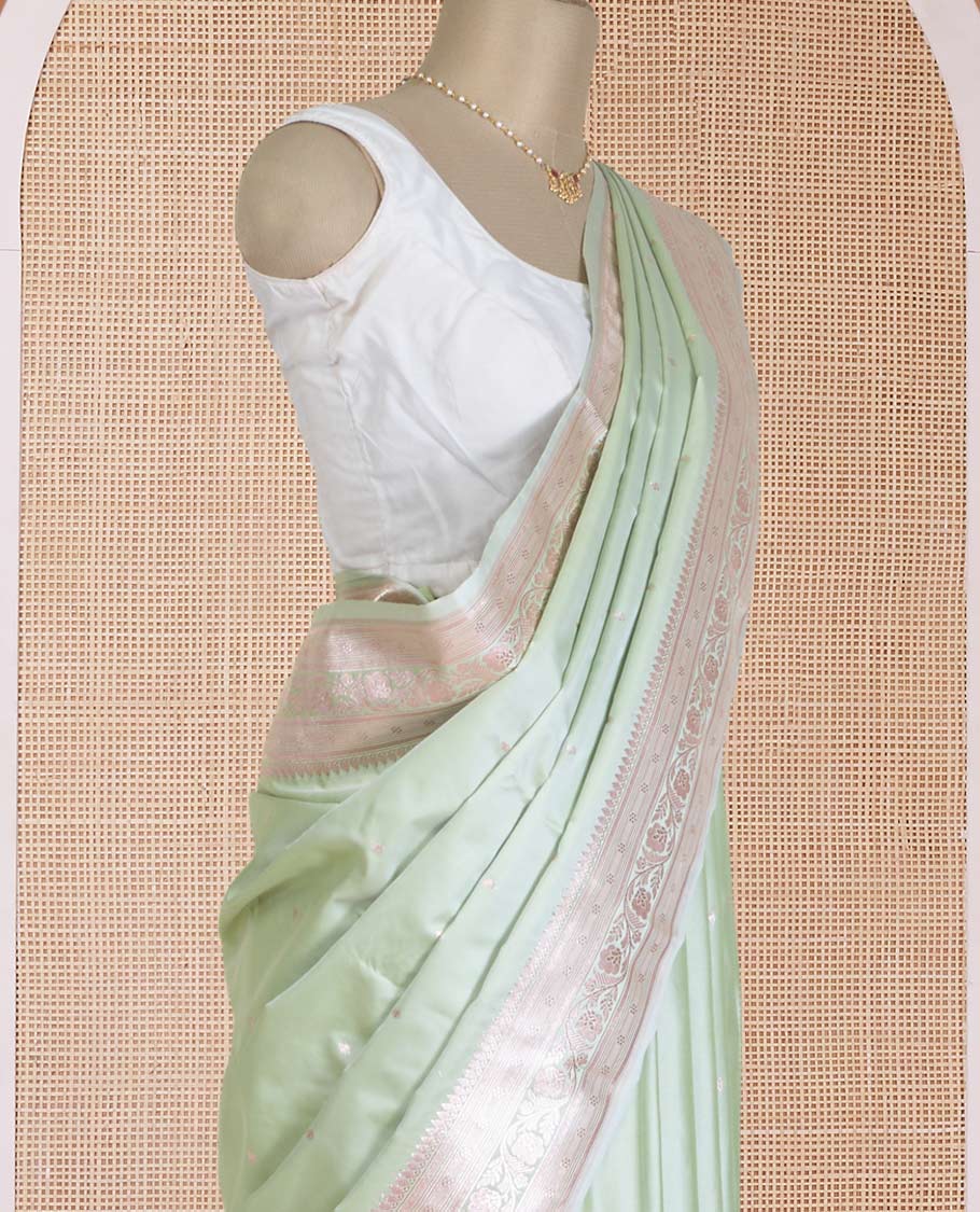 Pista green zari buttas Banaras Satin silk saree, traditional zari border, and intricate pallu