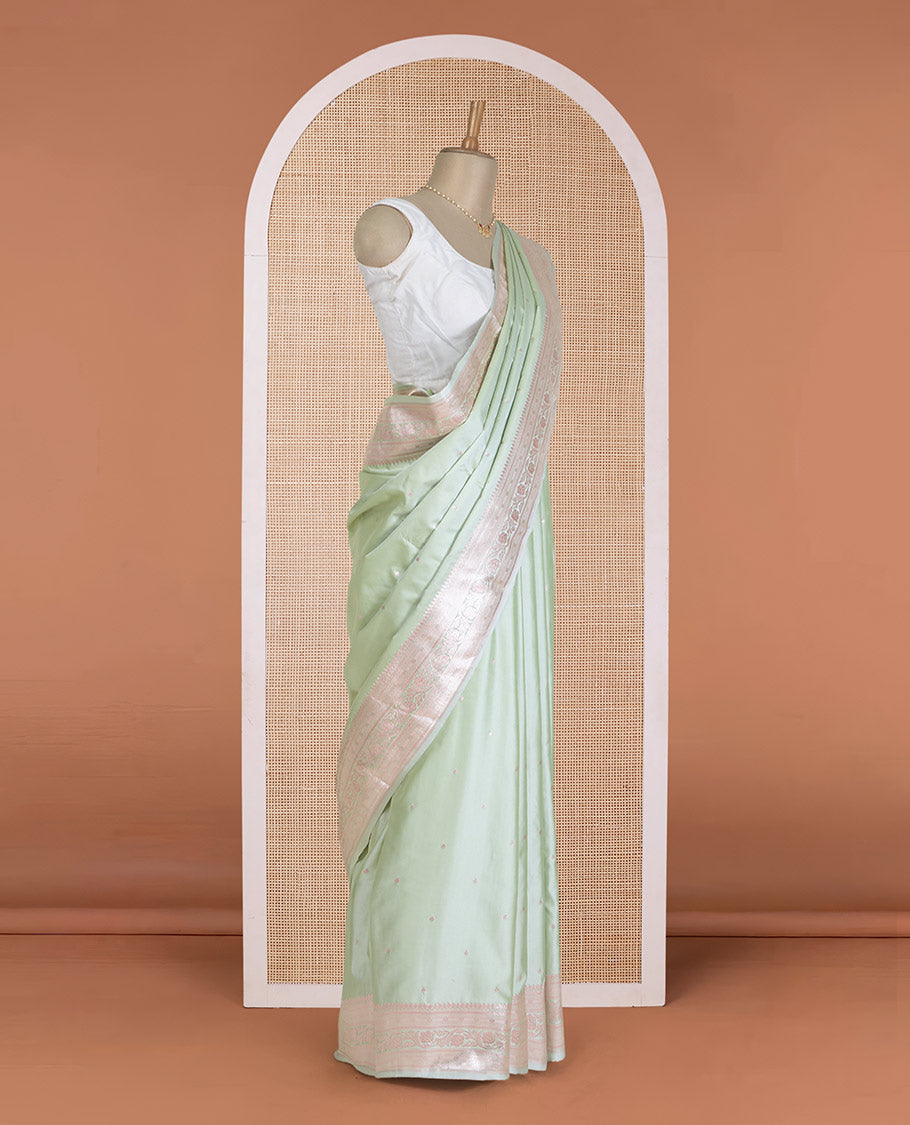 Pista green zari buttas Banaras Satin silk saree, traditional zari border, and intricate pallu