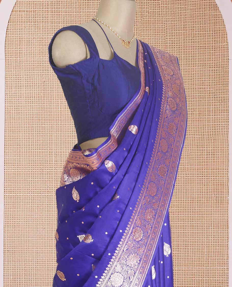 Royal blue zari buttas Banaras Satin silk saree, traditional zari border, and intricate pallu