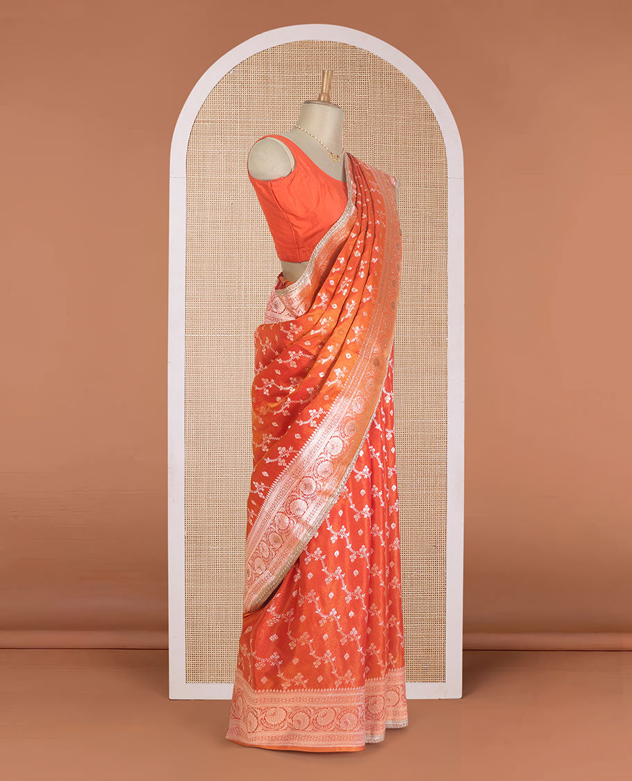 Orange diagonal floral stripes with stone work Banaras Satin silk saree, traditional zari design border, and jaal pallu