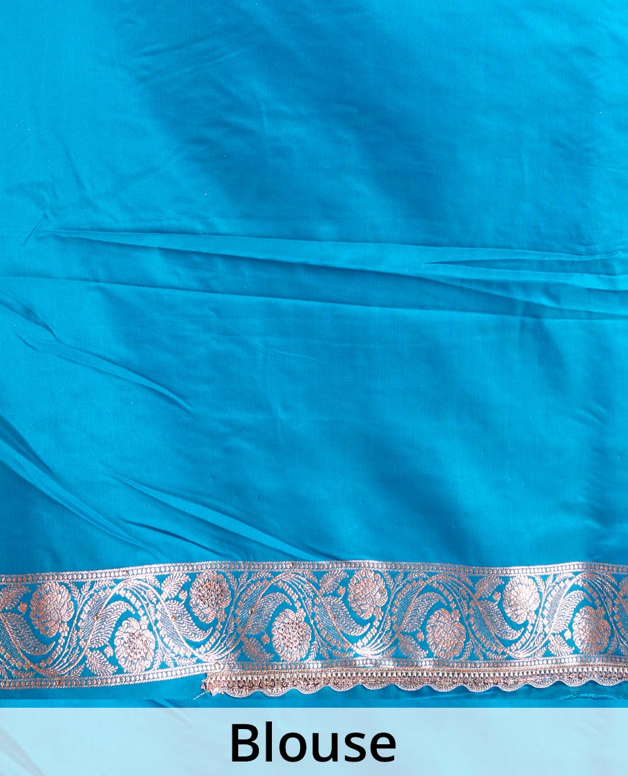 Azure blue diagonal floral stripes with stone work Banaras Nylon silk saree, traditional zari woven border of scallop lacework and stonework, and intricate pallu