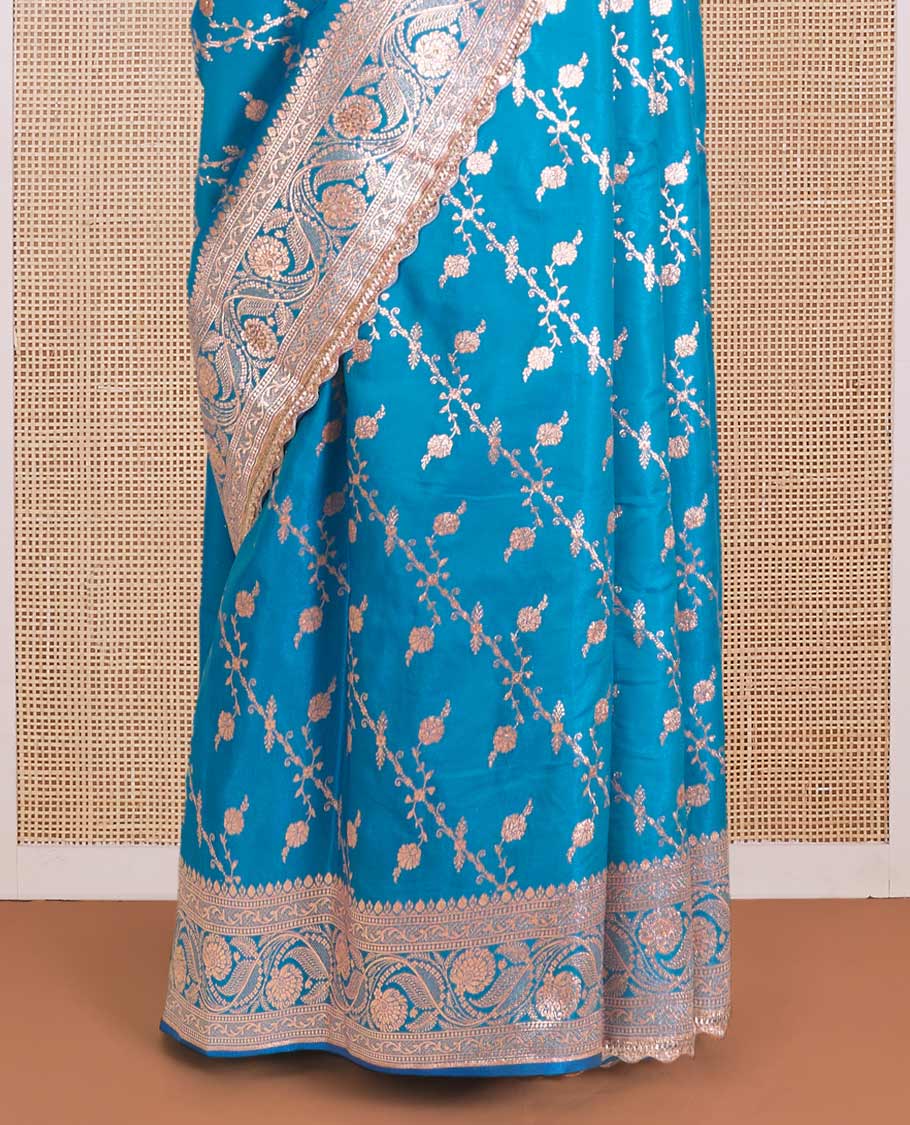 Azure blue diagonal floral stripes with stone work Banaras Nylon silk saree, traditional zari woven border of scallop lacework and stonework, and intricate pallu