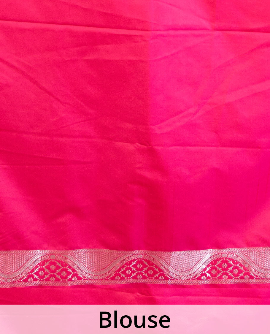 Pink zari buttas Banaras Satin silk saree, zari woven border, and pallu of floral, paisleys, and geometric designs