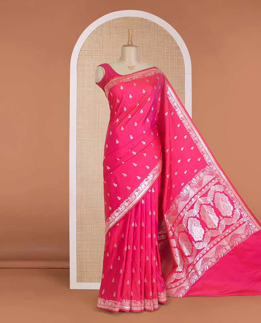 Pink zari buttas Banaras Satin silk saree, zari woven border, and pallu of floral, paisleys, and geometric designs