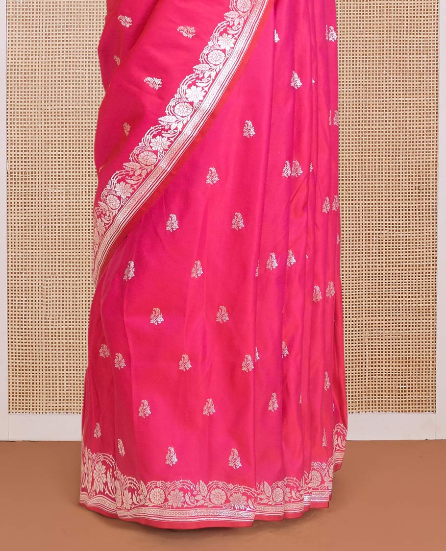 Pink zari buttas Banaras Satin silk saree, zari woven border, and pallu of floral, paisleys, and geometric designs