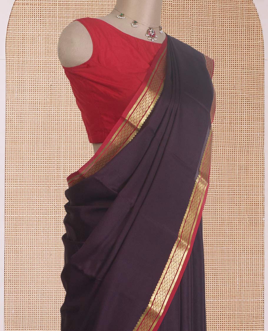 Maroon plain design Mysore silk saree, contrast traditional zari border, and zari striped pallu