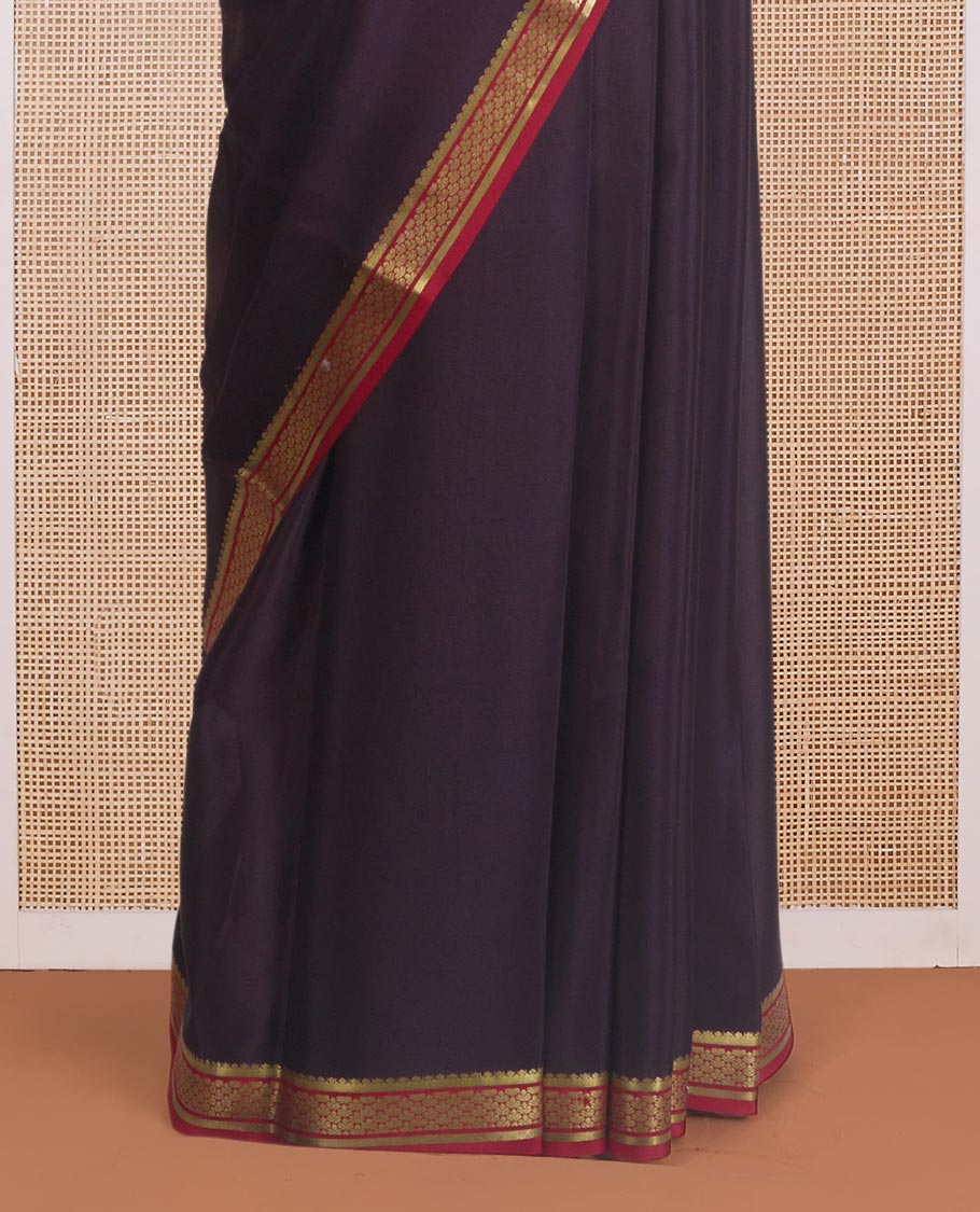 Maroon plain design Mysore silk saree, contrast traditional zari border, and zari striped pallu