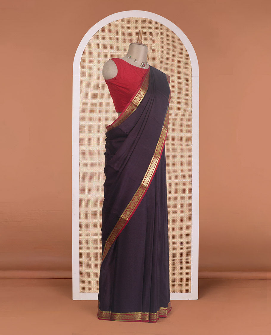Maroon plain design Mysore silk saree, contrast traditional zari border, and zari striped pallu