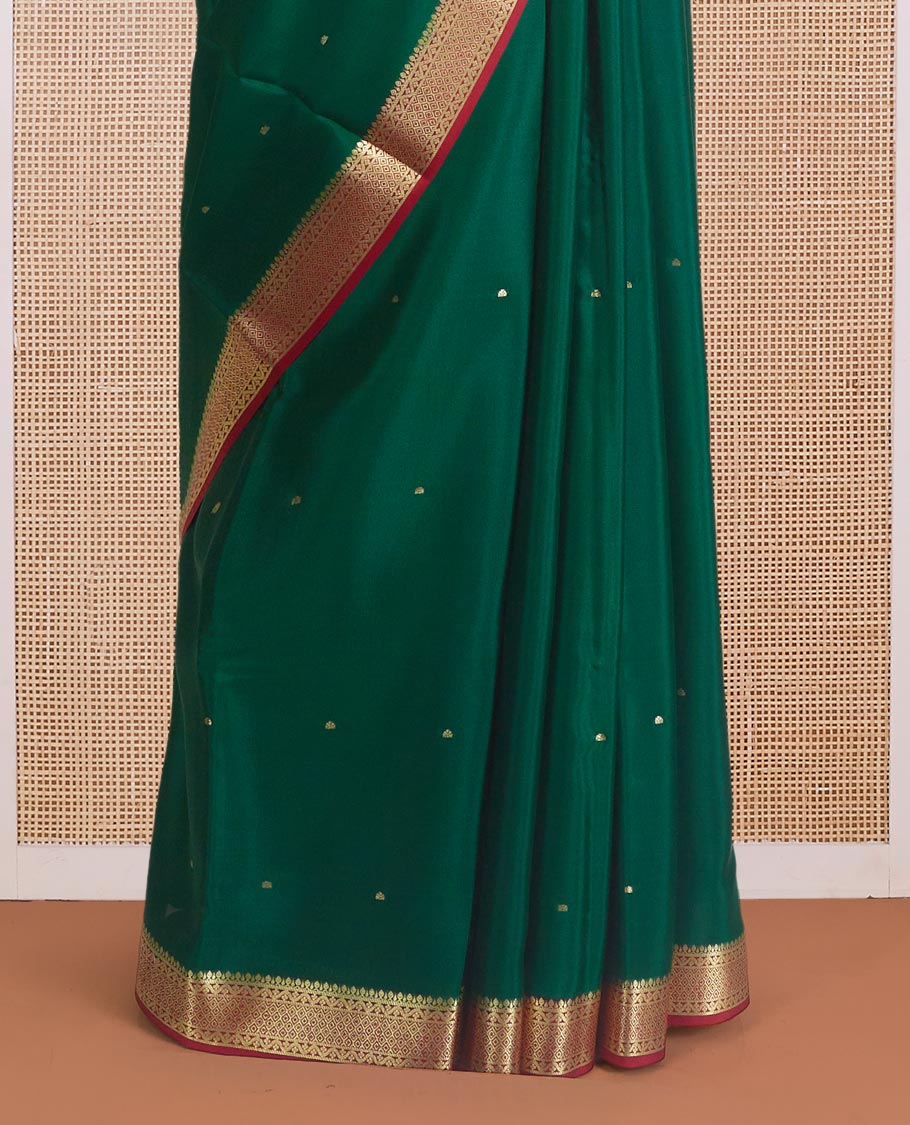 Green zari buttas Mysore silk saree, contrast traditional zari design border, and zari striped pallu