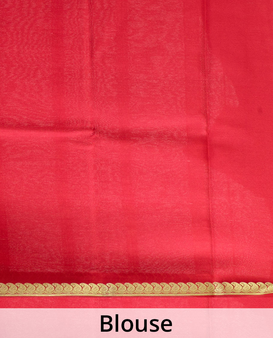 Red plain Mysore silk saree, zari border of paisleys, and zari striped pallu
