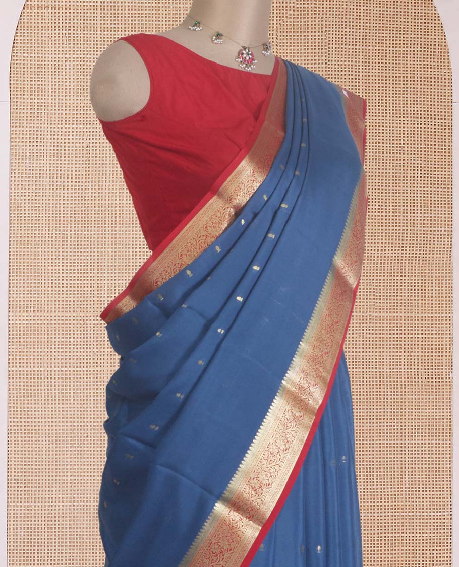 Grey zari buttas Mysore silk saree, contrast zari border of traditional zari designs, and zari design pallu