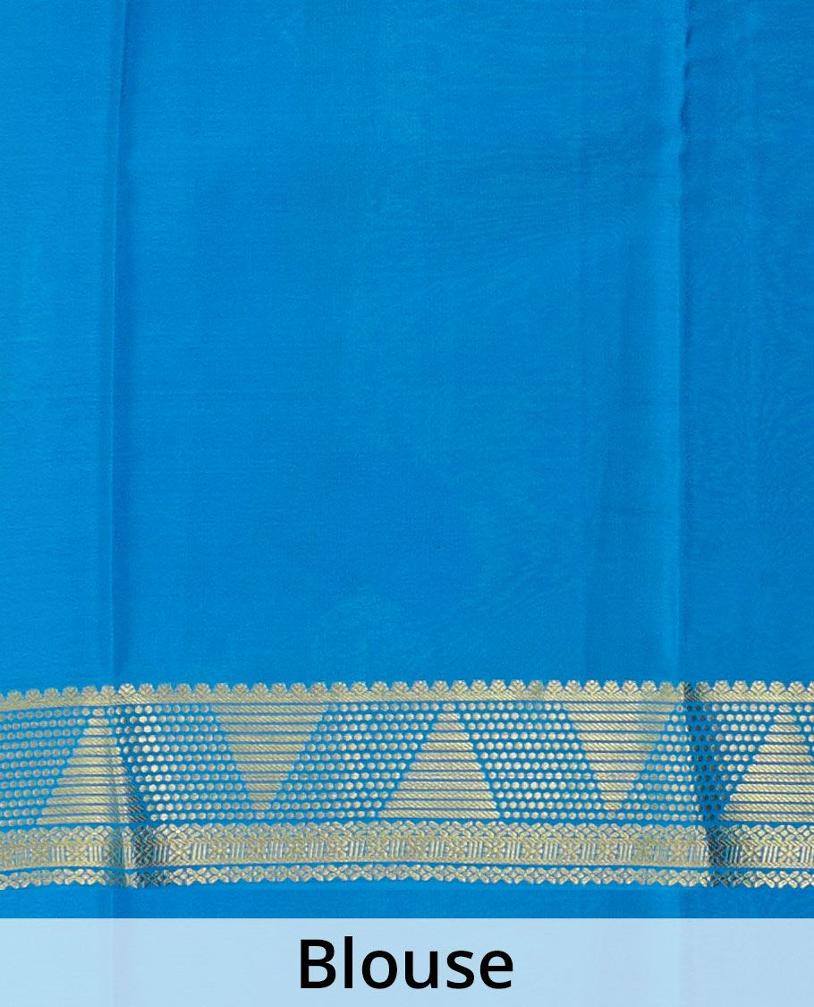 Blue zari buttas Mysore silk saree, contrast border of geometric zari designs, and zari design pallu