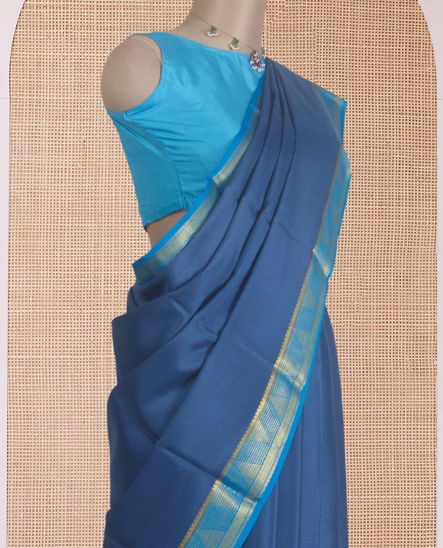 Blue zari buttas Mysore silk saree, contrast border of geometric zari designs, and zari design pallu