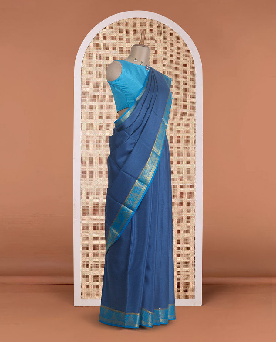 Blue zari buttas Mysore silk saree, contrast border of geometric zari designs, and zari design pallu