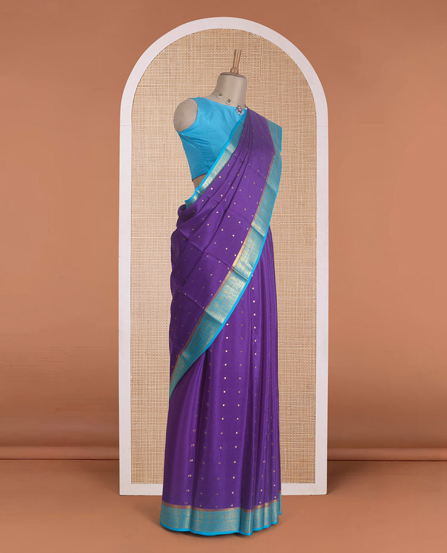 Purple zari buttas Mysore silk saree, contrast traditional zari design border, and zari woven pallu
