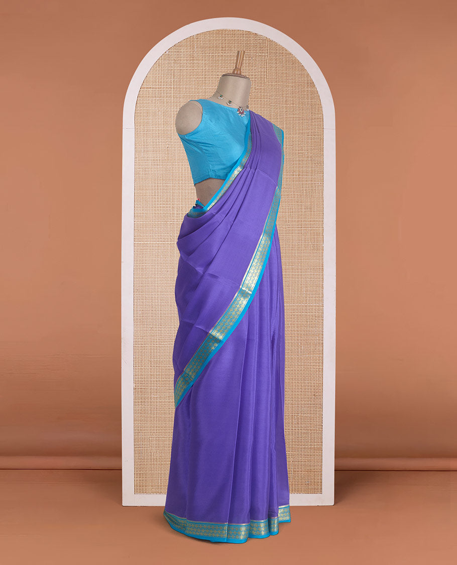 Violet plain Mysore silk saree, contrast floral zari design border, and zari striped pallu