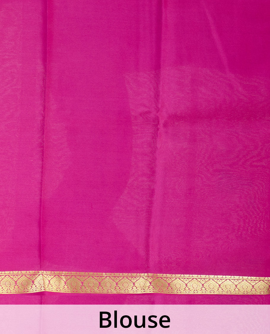 Jalebi orange plain Mysore silk saree, contrast Mughal style zari border, and zari striped pallu