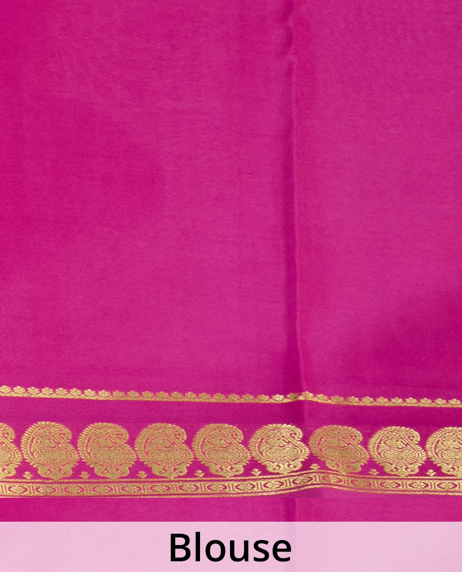 Purple plain Mysore silk saree, contrast paisley zari border, and zari striped pallu