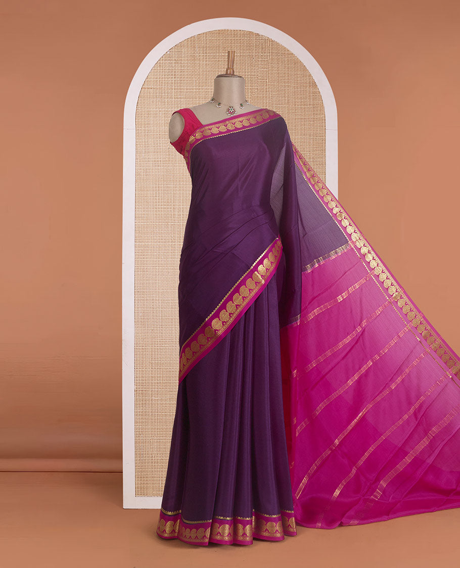 Purple plain Mysore silk saree, contrast paisley zari border, and zari striped pallu