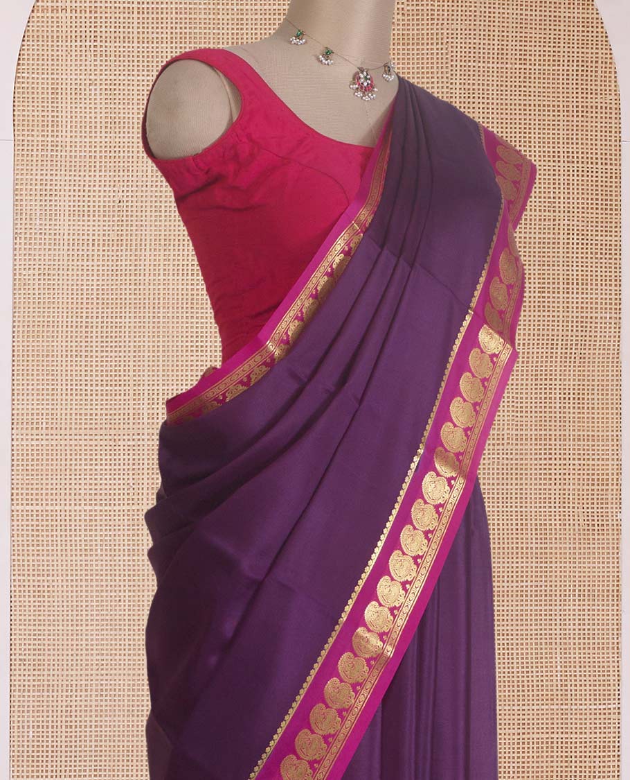Purple plain Mysore silk saree, contrast paisley zari border, and zari striped pallu