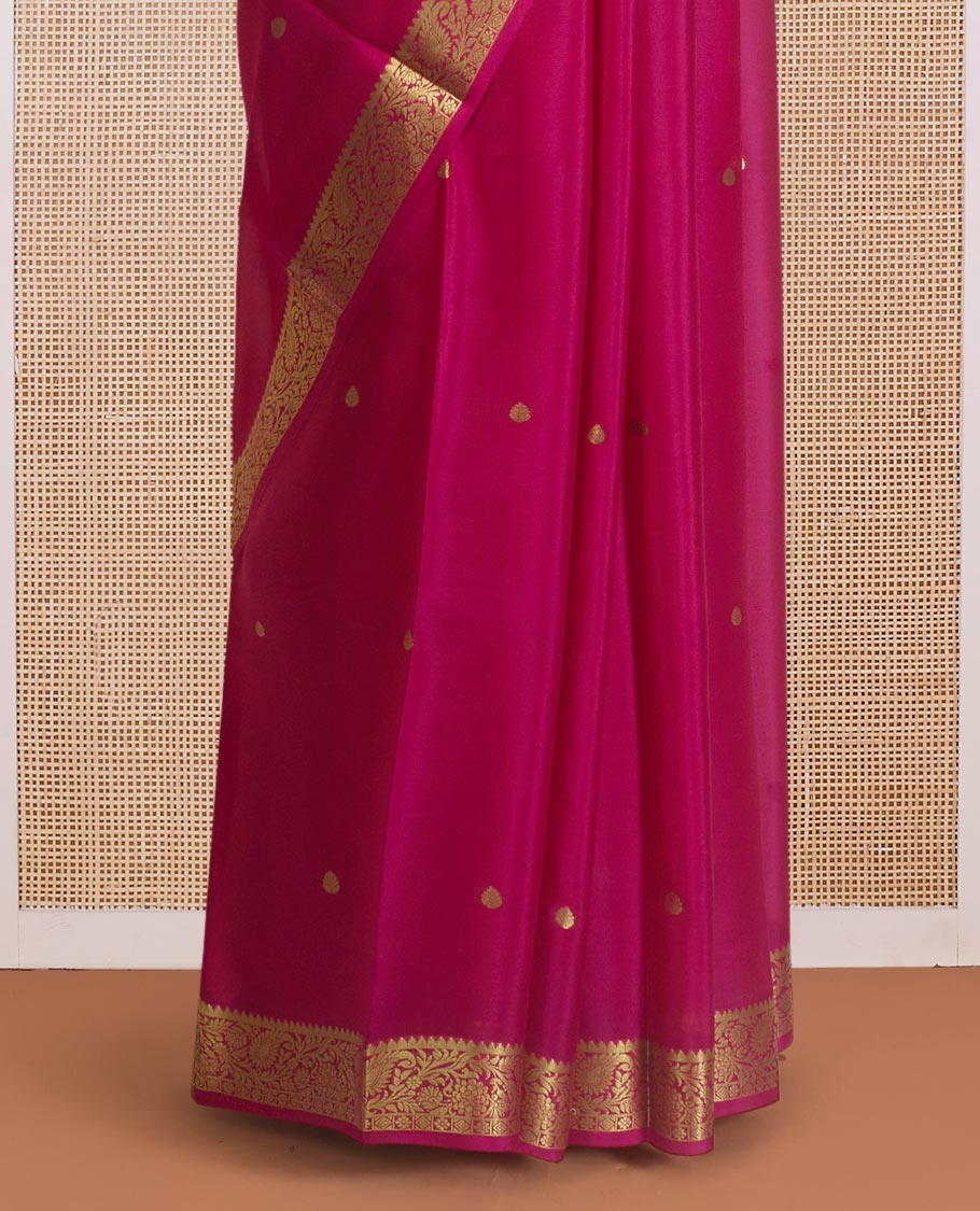 Pink zari buttas Mysore silk saree, floral and paisley design zari border, and zari striped pallu