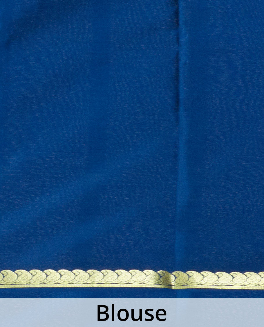 Navy blue plain Mysore silk saree, zari border of paisleys, and zari striped pallu